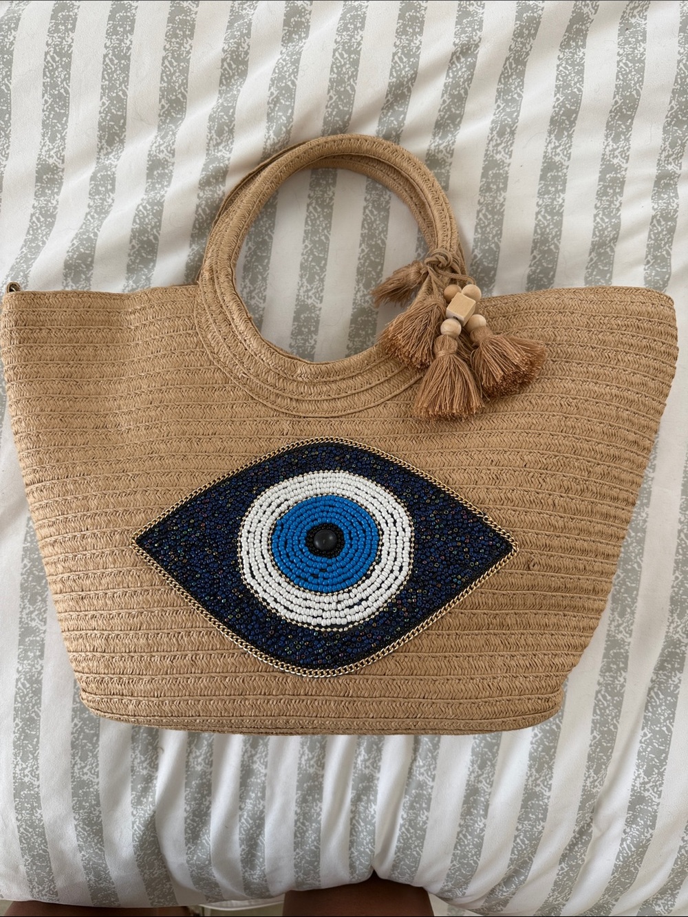Beaded Evil Eye Straw Tote Bag - Natural